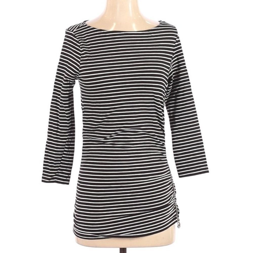 Michael kors long sleeve striped top with side  zipper logo scoop neck size sm